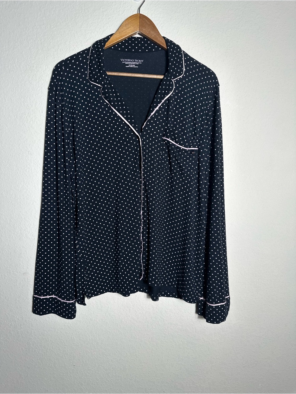 Victoria's Secret Black Polka Dot Button-Front Pajama Top Pink Trim M
